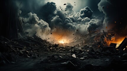 Doomsday, buildings collapse, cars catch fire - obrazy, fototapety, plakaty