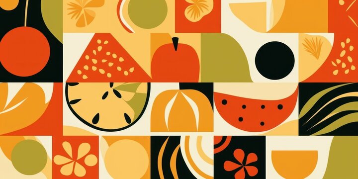 Organic food geometric mosaic background. Natural fruit vegetable pattern simple swiss bauhaus style.  illustration, Generative AI