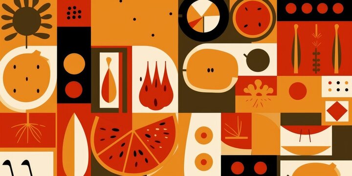 Organic food geometric mosaic background. Natural fruit vegetable pattern simple swiss bauhaus style.  illustration, Generative AI
