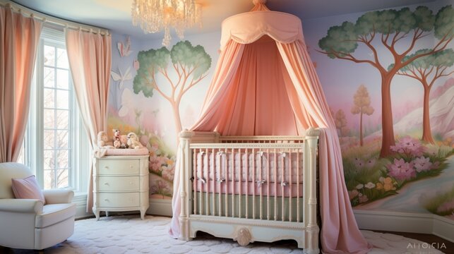 A whimsical nursery with a fairy-tale mural, whimsical mobile, and a crib surrounded by soft, pastel-colored drapes. --ar 16:9 --v 5.2 - Image #1 @sajawal