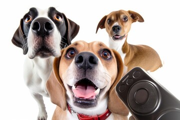 cute beagle looking at the camera while taking a selfie with another beagle and a pug on isolated white background studio shot, Generative AI