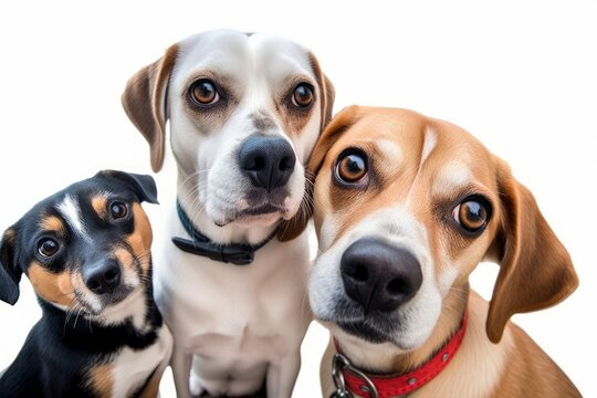 cute beagle looking at the camera while taking a selfie with another beagle and a pug on isolated white background studio shot, Generative AI