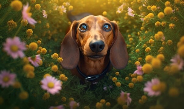 a cute dachshund surrounded by a field of flowers, Generative AI