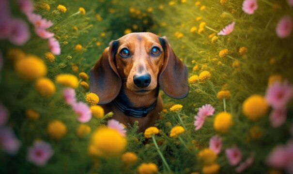 a cute dachshund surrounded by a field of flowers, Generative AI