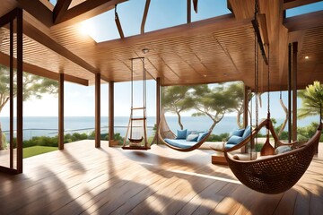 luxury house veranda with hanging swing and beach view - Powered by Adobe