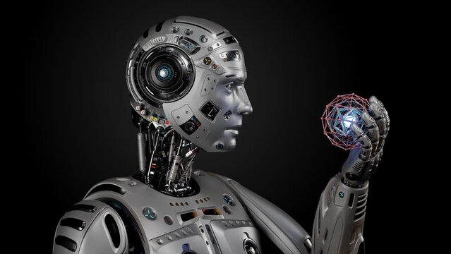 Very detailed futuristic robot man or humanoid cyborg holds a mysterious rotating sphere with blue light ball inside. 3d rendering animation isolated on black background with alpha