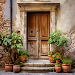  italian house door with some potted plants, in the style of earthy organic shapes, light brown and brown, soft focal points, vibrant hues master, historical theme