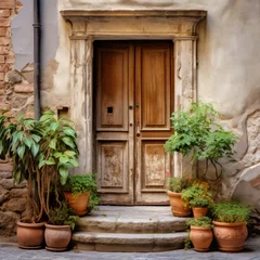 Fotobehang  italian house door with some potted plants, in the style of earthy organic shapes, light brown and brown, soft focal points, vibrant hues master, historical theme © Sandu