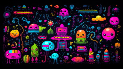 Obraz na płótnie Canvas Black Background with Radiant Robots and Monsters, Vibrant Drawings in Mushroomcore Aesthetic