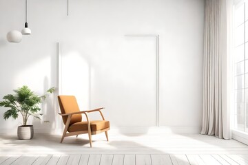 Interior of a bright living room with armchair on empty white wall background