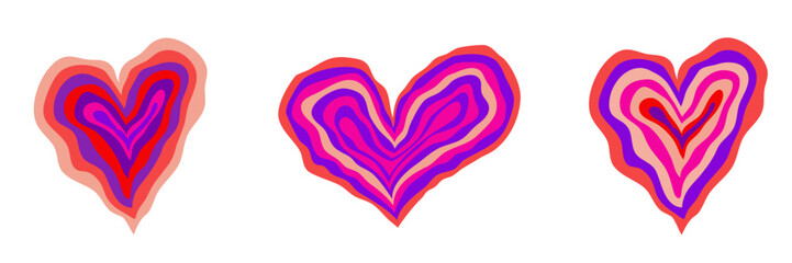 Psychedelic Heart set for valentines day. Retro tunnel psychedelic heart. Vector illustration