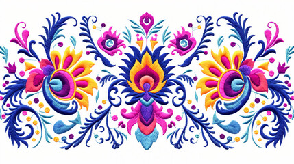 Fototapeta na wymiar Ikat Floral Paisley Embroidery on White Background - Textile Art Design