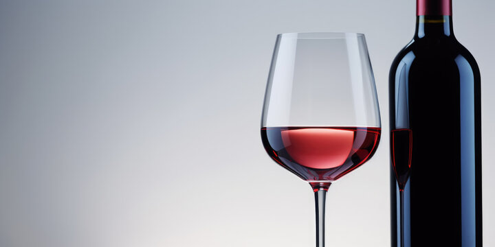 Detail of elegant black bottle of red wine and wine glass on clean background