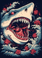 A Majestic Shark Embraced by a Sea of Roses