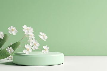 3D display podium pastel green background. White flower with leaf. Nature Blossom minimal pedestal for beauty, cosmetic product presentation. Summer and spring Feminine copy space 3d, Generative AI