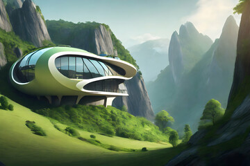 Rounded house near a cliff in a mountain - obrazy, fototapety, plakaty