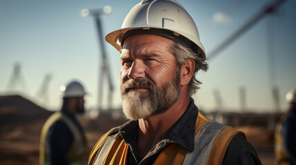 male construction worker looks at the camera confidently against the backdrop of environmentally friendly energy wind turbines created with Generative AI Technology