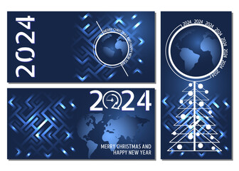Set of 3 greeting cards Merry Christmas and Happy New Year. Blue gradient background with glowing lines, Christmas tree, clock, globe, world map, numbers 2024, congratulatory festive text, lettering.