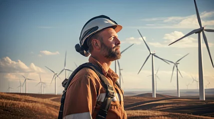 Poster male construction worker looks at the camera confidently against the backdrop of environmentally friendly energy wind turbines created with Generative AI Technology © AstraNova