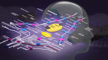 Dramatic visual of Brain Circuits mapped onto a 2D surface with labels glowing connections overlaid with a transparent human head against a dark background