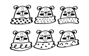 A set of doodles with animals, polar bears in scarves. Isolated decorative elements on white background