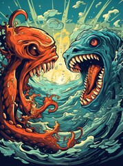 Two Monstrous Creatures Engaged in an Epic Oceanic Battle