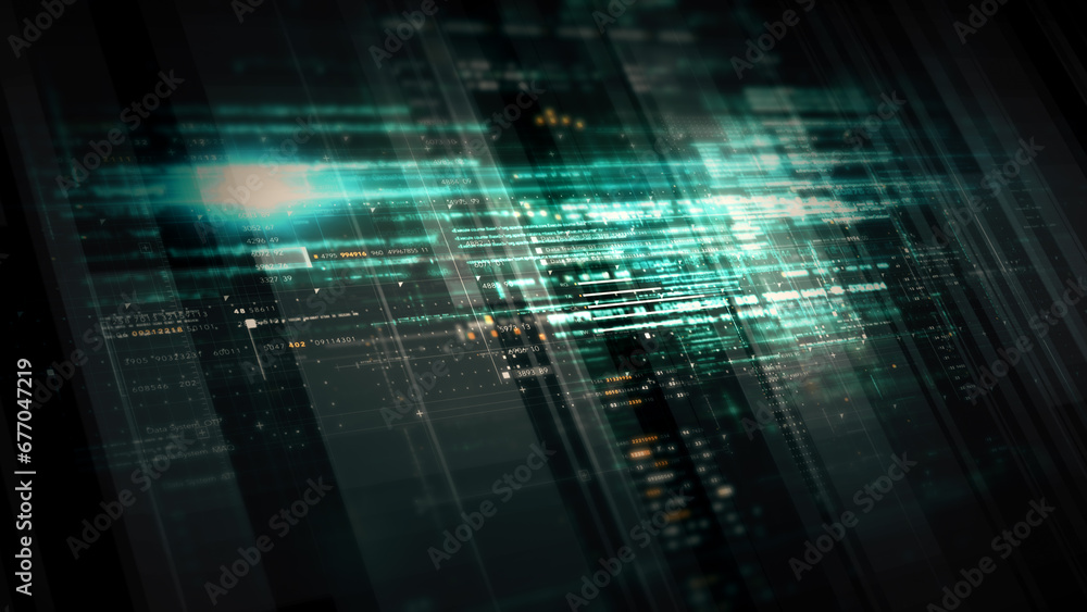Leinwandbilder Immersive data matrix simulation UI with cutting-edge digital environment with a dynamic and immersive display of interconnected data matrix information networks systems background