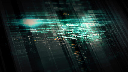 Immersive data matrix simulation UI with cutting-edge digital environment with a dynamic and immersive display of interconnected data matrix information networks systems background