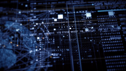 Immersive data matrix simulation UI with cutting-edge digital environment with a dynamic and immersive display of interconnected data matrix information networks systems background