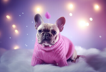 A small French bulldog puppy wearing a Christmas outfit and surrounded by Christmas tree lights. New Year's party concept
