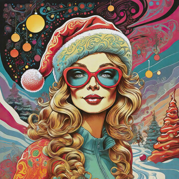 Christmas illustration with beautiful girl in Santa cap and sunglasses. Retro psychedelic illustration in neon colors. Digital portrait. Art for Christmas posters, greeting cards and banners
