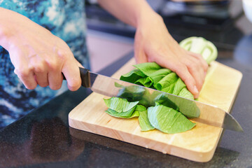 Woman hands cutting fresh green bok choy (pak choy) - obrazy, fototapety, plakaty