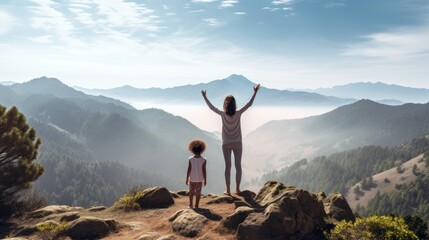 Mother and her child doing yoga with nature, woman and yoga on top of mountain