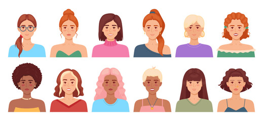 Avatars with different female hairstyles. Casual women portraits. Blondes and brunettes. Ladies with beautiful hair. Attractive face. Glamour hairdo. Wig and ponytail. Recent vector set - obrazy, fototapety, plakaty