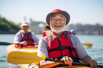 An elderly man with friends, families, kayaking on the water - obrazy, fototapety, plakaty