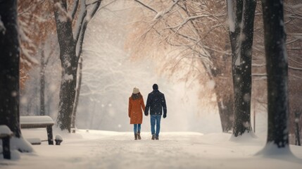 Fototapeta na wymiar Winter couple, couple walking hand in hand in the snow-covered forest
