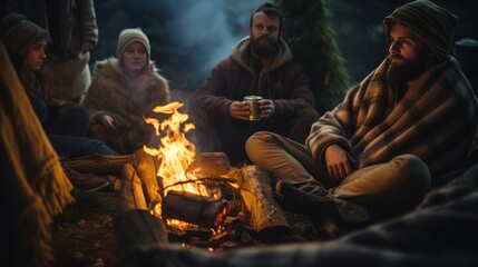 Fototapeta premium People resting by the fire with blanket, people and winter