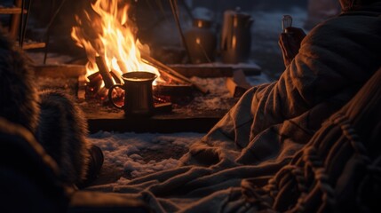 People resting by the fire with blanket, people and winter - obrazy, fototapety, plakaty