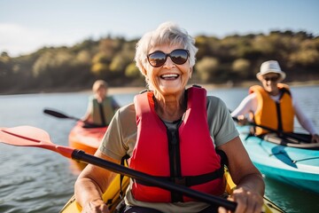 An elderly caucasian woman with friends, families, kayaking on the water - Powered by Adobe