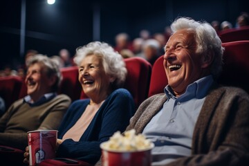 Elderly gray-haired man and woman, with popcorn in their hands, laugh at a movie in the cinema, - obrazy, fototapety, plakaty