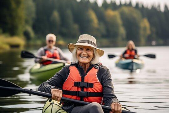 An elderly caucasian woman with friends, families, kayaking on the water