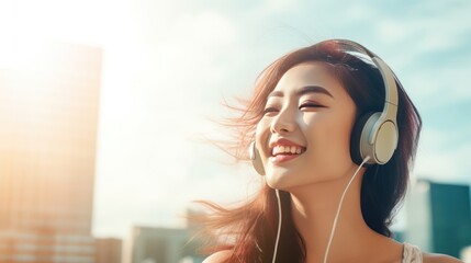 Women and lifestyle,Portrait of carefree asian woman singing and listening music