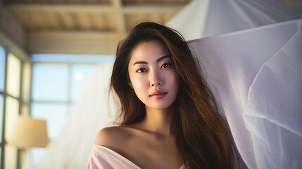 Woman and happiness,young beautiful asian woman relax bedroom.natural light and shadow