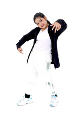 Portrait of Asian kid girl standing in casual posing on white background. Happy child studying modern style dance in studio classroom. Little female dancer practicing break dance.