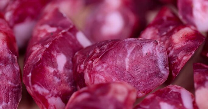 natural pork meat with spices from which sausage was made, homemade cured sausage with pork