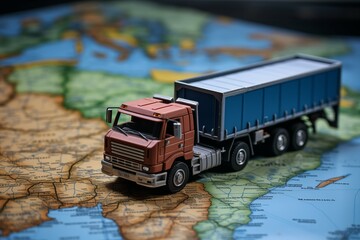 Truck model on map. Transportation and business concepts