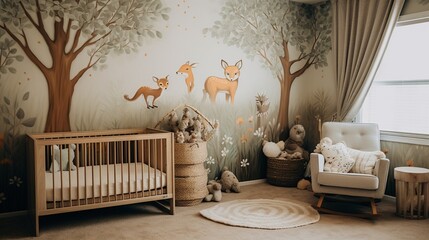 A woodland-themed nursery with tree mural, woodland creature decor, and soft earthy tones for a calming and natural ambiance.