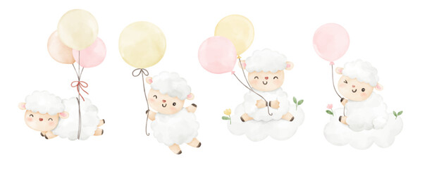 Draw baby sheep with sweet balloon For nursery birthday kids Print for invitation card Poster Template © Luckycatarts