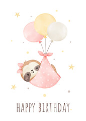 Postcard baby sloth For nursery kids Birthday party girl Print for invitation card Poster Template