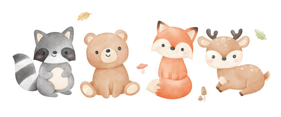Cute woodland animal Fox Bear Deer For nursery birthday kids Print for invitation card Poster Template